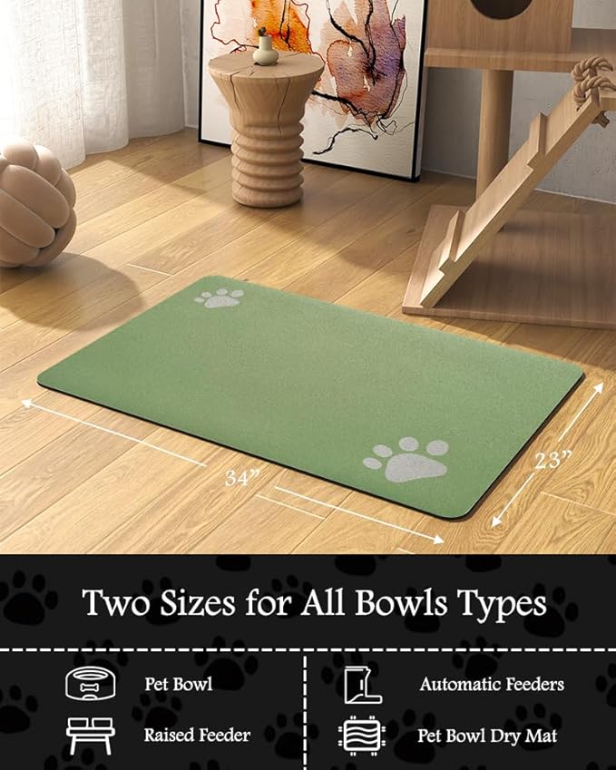 Pet Feeding Mat-Absorbent Dog Mat for Food and Water Bowl-No Stains Quick Dry Water Dispenser Mat-Dog Accessories Pet Supplies-Bowl for Messy Drinkers（Green,23"x34"-Mewly Pet