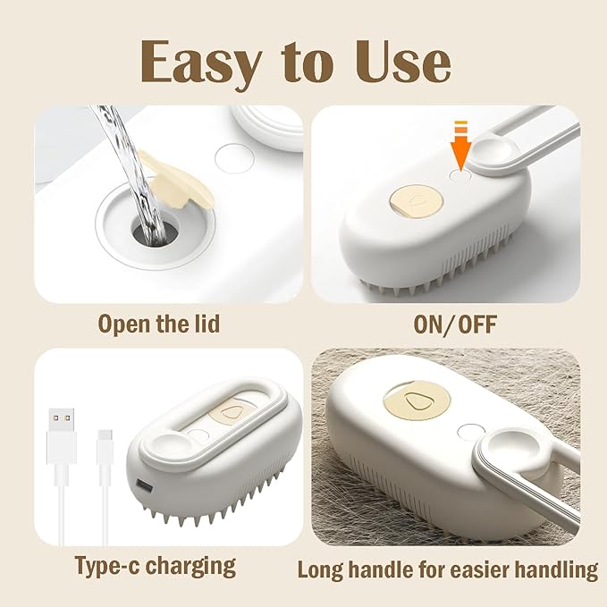 Cat Steam Brush, 3 in 1 Pet Spray Hair Removal Comb, Cats and Dogs Brush for Shedding, Rechargeable Silicone Pet Steam Brushes, Spritz Defur Comb for Massage, Cleaning and Remove Loose Hair - Khaki-Mewly Pet