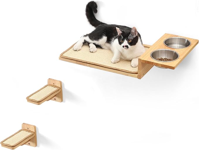 FUKUMARU Cat Wall Shelves, 3 In 1 Cats Walls Furniture Set, Food Station with 2 Steps , Solid Rubber Wood Perch, Suitable for Kitten Play, Nap, Eat, DIY Wall Jungle Gym-Mewly Pet