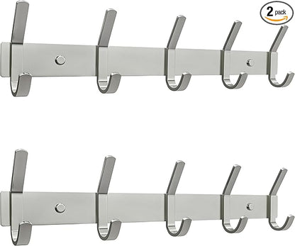 Coat Rack Wall Mount – Brushed Nickel 15 Inch Stainless Steel Hook Rail with 5 Heavy Duty Double Coat Hooks – Wall Mounted Coat Hanger for Entryway, Bathroom, Bedroom, Towel, Hat Organizer - 2 Pack