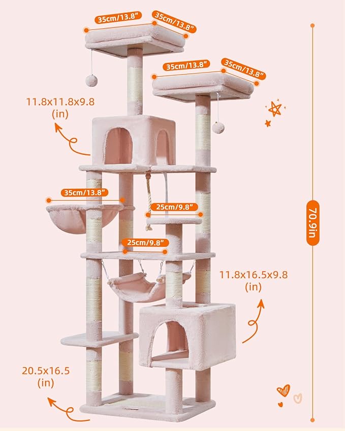 Taoqimiao Cat Tree, 71-Inch Cat Tree Cat Tower for Indoor Cats, Plush Multi-Level Cat Condo with 10 Scratching Posts, 2 Perches,Basket, 2 Caves,Hammock, 2 Pompoms,MS020P Jelly Pink-Mewly Pet