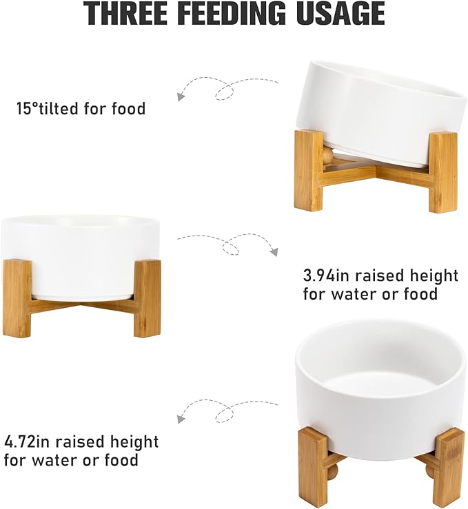 SPUNKYJUNKY 15° Slanted Ceramic Dog and Cat Bowl with Wooden Stand, Tilted Bulldog Food and Water Bowl No Slip Non-Spill for Cats Medium Dogs Big Face Pets 28.7 OZ (3.6 Cups, White)-Mewly Pet