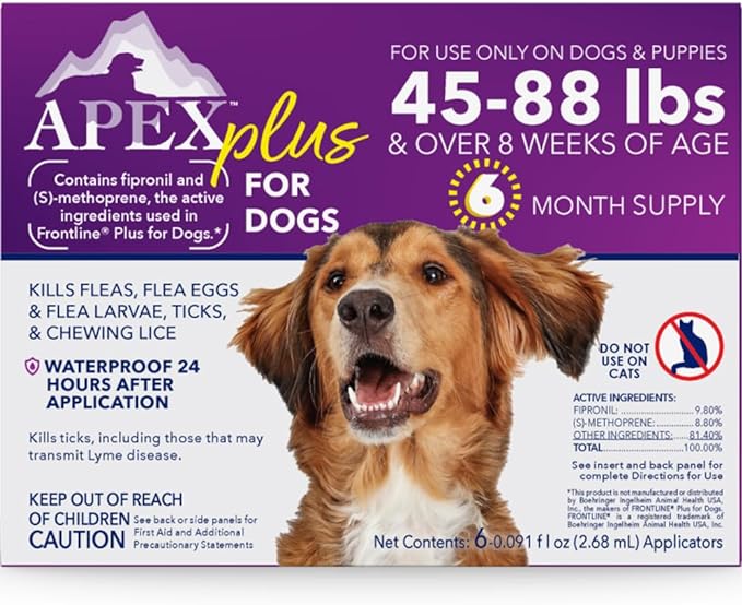 Apex Plus Flea and Tick Prevention for Dogs | Large (45-88 lbs) | 6-Month Supply | Dog Flea and Tick Treatment | 24-Hour Activation, Waterproof, 30-Day Protection-Mewly Pet
