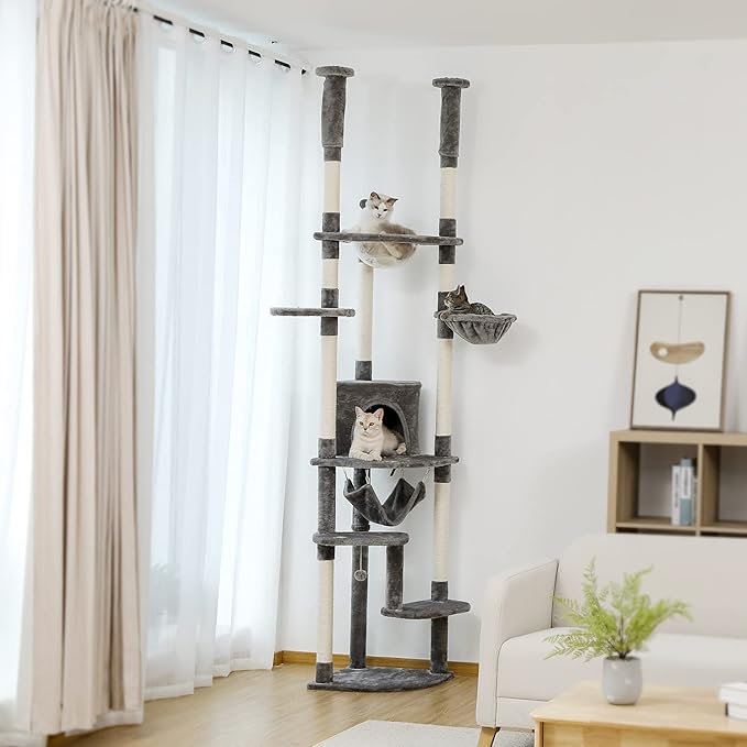 PEQULTI Floor to Ceiling Cat Tree 92.9’’-101.6’’ Height Adjustable Cat Tower Tall Kitty Climbing Play House with Scratching Posts, Cozy Condo, Perches and Large Hammock for Indoor Cats Gray-Mewly Pet