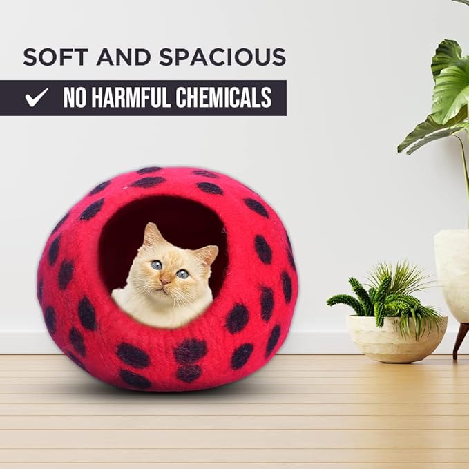 Woolygon Premium Felt Cat Cave Bed - Polka Dot Series - Wool Kitty Beds Handcrafted Kitten Caves Bed for Indoor Cats - Eco-Friendly Merino Wool, Foldable Cat Hideaway Cat Houses (Red/Black Dots)-Mewly Pet