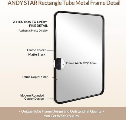 ANDY STAR Mirror for Bathroom 24X36 Inch, Matte Black Mirror Rounded Rectangle Mirror Metal Tube Framed Wall-Mounted Vertically/Horizontally