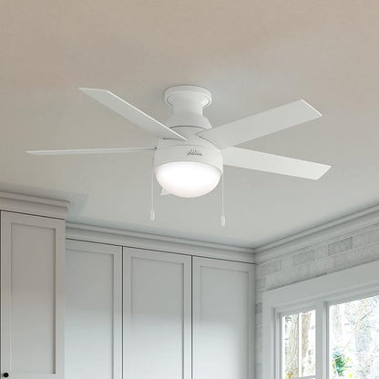 Hunter 46 inch Indoor Ceiling Fan with LED Light - White Ceiling Fan with Pull Chain, For Bedroom, Living Room, or Kitchen, Low Profile Mount, No Remote, 5 Blades - Anslee 59269, Fresh White