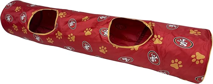 NFL San Francisco 49ers Cat Tunnel Tube Toy with Plush Football Catnip and Feathers Collapsible Tunnel for Cats to Play, Peek and Hide, Sporty & Fun Cat Tunnel Toy with Team Logo All-Over Design!-Mewly Pet