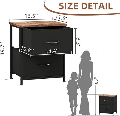 Somdot Nightstand Set of 2, Small Dresser for Bedroom with 2 Drawers,Night Stand Bedside Table End Table with Fabric Bins for Bedroom Kids Closet Dorm Guest Room, Black Rustic Brown