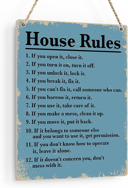 House Rules Wooden Hanging Sign, Farmhouse Living Room Home Decor Wall Art, Inspirational Family Quote, 8 x 10 Inches