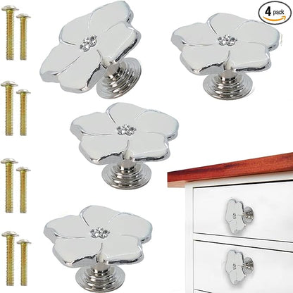 4 pcs White Flower Petal Handles Kitchen Handle Petal Knob Hand Zinc Alloy Single Hole Knob Inlaid Rhinestone Hand Handle for Cabinets,Drawers, Wardrobes Furniture Decoration(Silver Bottom)