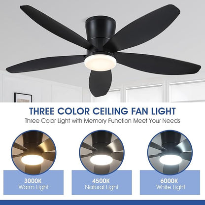 48" Ceiling Fans with Lights-Low Profile Ceiling Fan with Light and Remote/APP Control, Black Flush Mount Ceiling Fans,DC Reversible,LED Dimmable