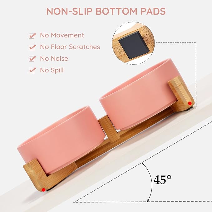 SPUNKYJUNKY Ceramic Dog and Cat Bowl with Wood Stand Non-Slip Matte Glaze Weighted Food Water Set for Cat Medium Dog 28.7 OZ-Mewly Pet