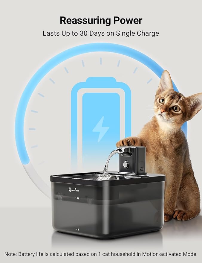 DownyPaws Cat Water Fountain Stainless Steel Cordless, 84oz/2.5L Fursink Wireless Pet Water Fountains for Cats Indoor, Battery Operated Cat Drinking Fountain, Ultra Quiet Pump, BPA-Free, Black-Mewly Pet