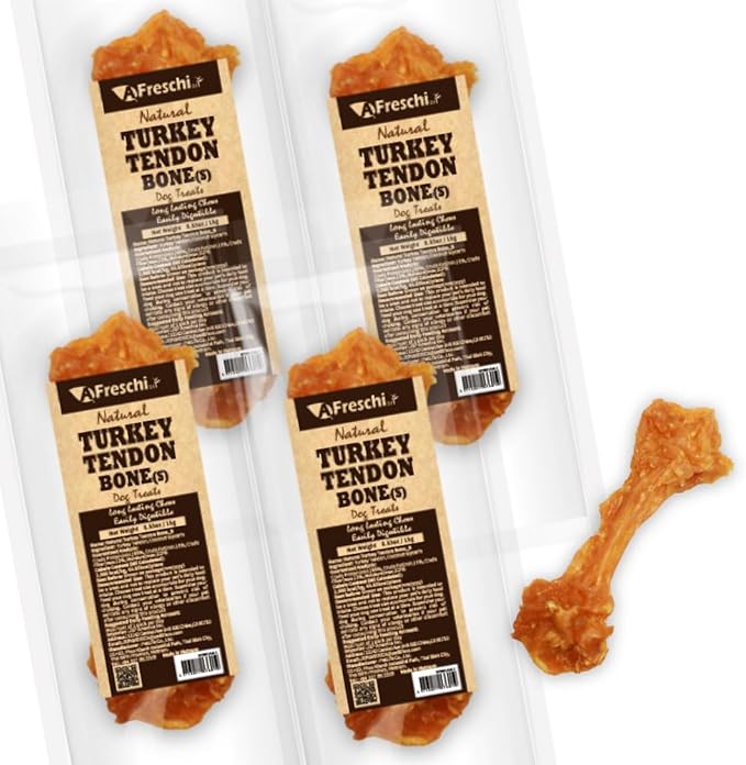 Afreschi Natural Turkey Tendon Bone (S) Pack of 4, Dog Treats for Signature Series, All Natural Human Grade Puppy Chew, USA-Sourced Turkey Tendon, Hypoallergenic, Rawhide Alternative-Mewly Pet