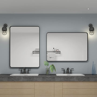 24x36 Inch Black Framed Mirror for Wall, Matte Black Bathroom Rectangle Mirror, Rounded Corner, Anti-Rust (Horizontal/Vertical)