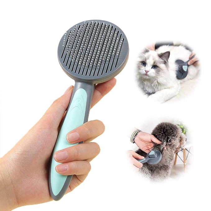 PAKEWAY Cat & Dog Grooming Brush - Self Cleaning, Release Button, Kitten & Pet Brush for Short, Medium & Long Hair (Green)-Mewly Pet