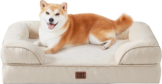 EHEYCIGA Orthopedic Dog Beds for Large Dogs, Waterproof Memory Foam Large Pet Bed with Sides, Non-Slip Bottom and Egg-Crate Foam Dog Couch Bed with Washable Removable Cover, Beige-Mewly Pet