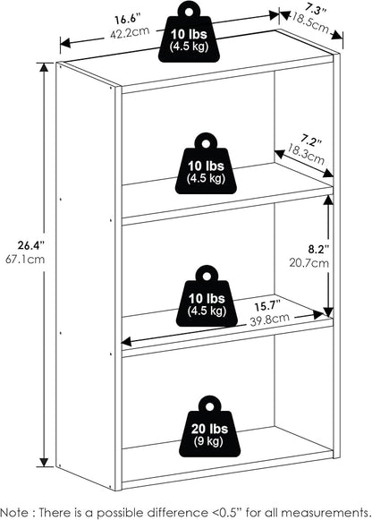 Furinno Basic Book Shelf, 3-Tier Bookshelf, Cube Storage Organizer Bookcase with Open Shelf, 7 x 17 x 26, for Living Room, Bedroom, Home Office, White