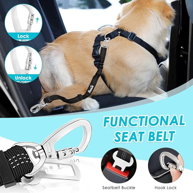 SlowTon Dog Seat Belt Harness for Car, Dog Car Harness Adjustable Mesh Breathable & Dog Seatbelt Safety Tether with Elastic Bungee for Small Medium Large Pets(Light Blue, Double Clip, M)-Mewly Pet