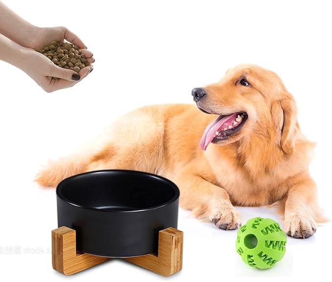 Petygooing Dog Bowls,Black Ceramic Cat Dog Bowl Set with Wood Stand for Food and Water,Non-Slip Cute Modern Pet Dish Set for Cats Small and Medium Dogs (28OZ/6.1 in)-Mewly Pet