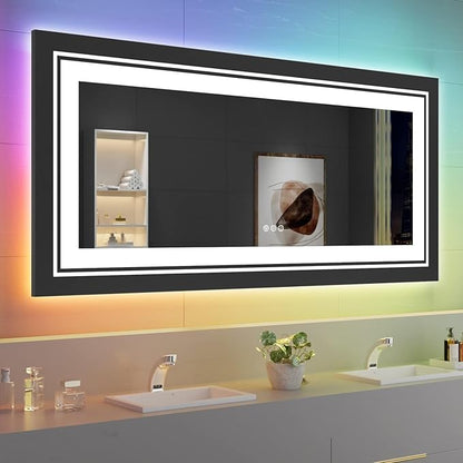 LED Mirror for Bathroom, 60"X28" with 8 RGB Backlit +3 Front Lit (Adjustable Individually), Anti-Fog, Large Lighted Bathroom Vanity Mirror for Wall,Shatterproof,Memory Function,Tempered Glass