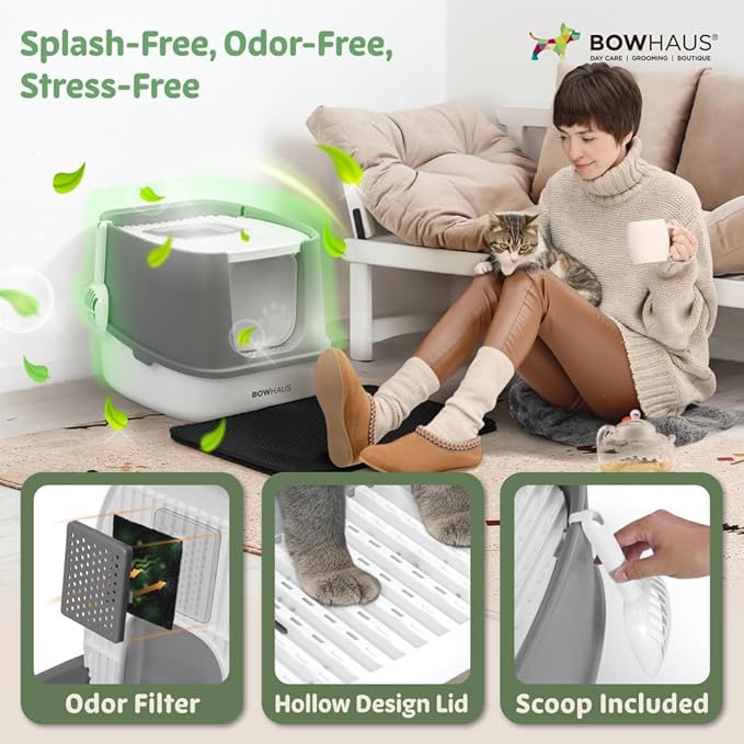 Fully Enclosed Cat Litter Box w/Lid, Scoop, Cat Mat & Odor Fitter, Large Plastic Cat Toilet with Double Door, Anti-Splashing Cat Litter Box with Lockable Front Door, Dark Grey-Mewly Pet