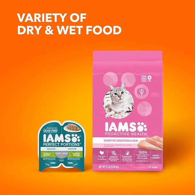 IAMS Proactive Health Adult Sensitive Digestion & Skin Dry Cat Food with Turkey, 6 lb. Bag-Mewly Pet