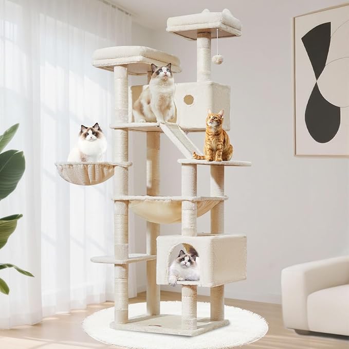 Taoqimiao Cat Tree 71-Inch, Cat Tower for Indoor Cats Large Adult, Multi-Level Large Cat Condo, 8 Sisal Scratching Posts, Metal Frame Cozy Hammock, Scratch Board, 2 Top Perches, Beige MS026LM-Mewly Pet
