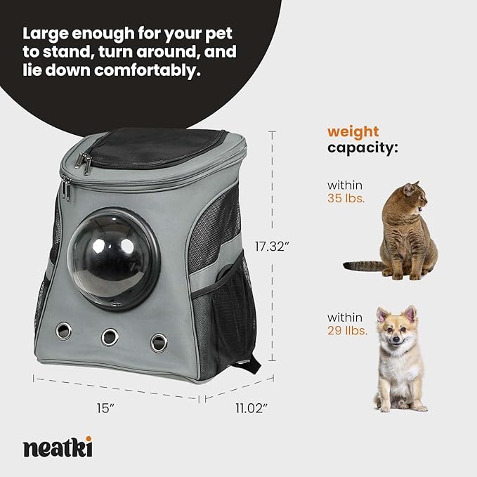 Cat Backpack Carrier, Airline Approved, Space Capsule Bubble Design, Ideal for Cats & Dogs up to 28-35 lbs, with Strong Straps, Safety Zippers, Mesh, Comfortable for Hiking & Travel (Grey)-Mewly Pet