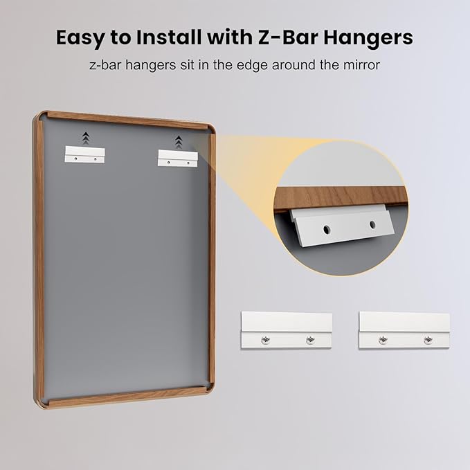 LOAAO 77X36 Inch Bathroom Mirror with Wood Grain Colored Metal Frame, Rounded Rectangle Metal Framed Bathroom Mirror, Anti-Rust, Hangs Horizontally or Vertically, Tempered Glass