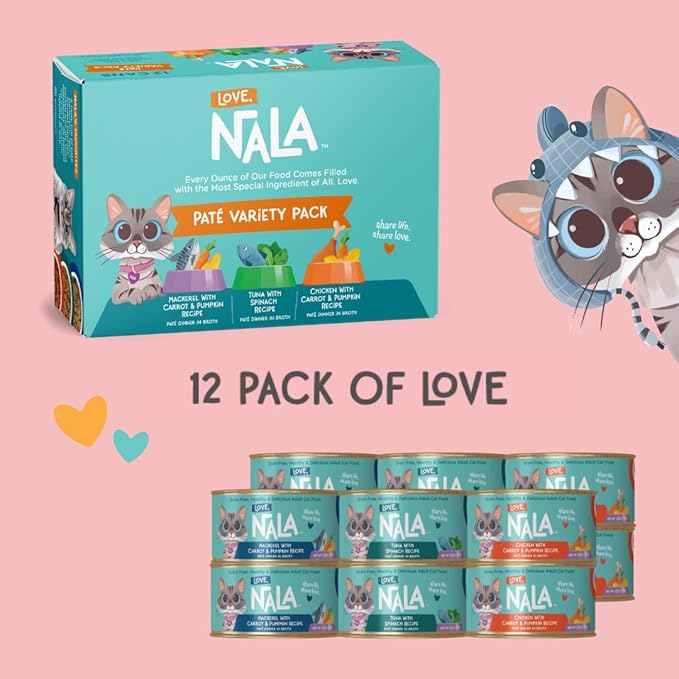 LOVE, NALA - Natural Adult Cat Wet Food - Pate Variety Pack - Tuna, Chicken, Tuna and Salmon - Grain Free, Non-GMO, Fiber Blend, Minerals, Vitamins - 12 Pack 2.1 lbs.-Mewly Pet