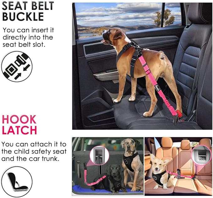 SlowTon 2 Pack Dog Seat Belt, 2 in 1 Attachment, Hook Latch Bar or Seatbelt Buckle with Elastic Nylon Bungee Buffer Adjustable Reflective Nylon Safety Belt Tether Connect to Dog Harness (2pack-FL)-Mewly Pet