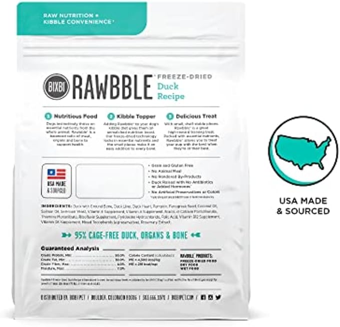 BIXBI Rawbble Freeze Dried Dog Food, Duck Recipe, 4.5 oz - 95% Meat and Organs, No Fillers - Pantry-Friendly Raw Dog Food for Meal, Treat or Food Topper - USA Made in Small Batches-Mewly Pet
