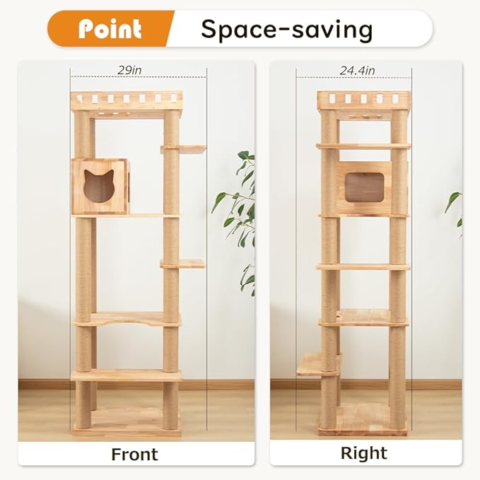 74" Wooden Cat Tree Tower for Large Cats, Multi-Level Cat Climbing Furniture with Scratching Posts, Cat Condo & Hammock, Natural Wood Cat Activity Center(Brown)-Mewly Pet