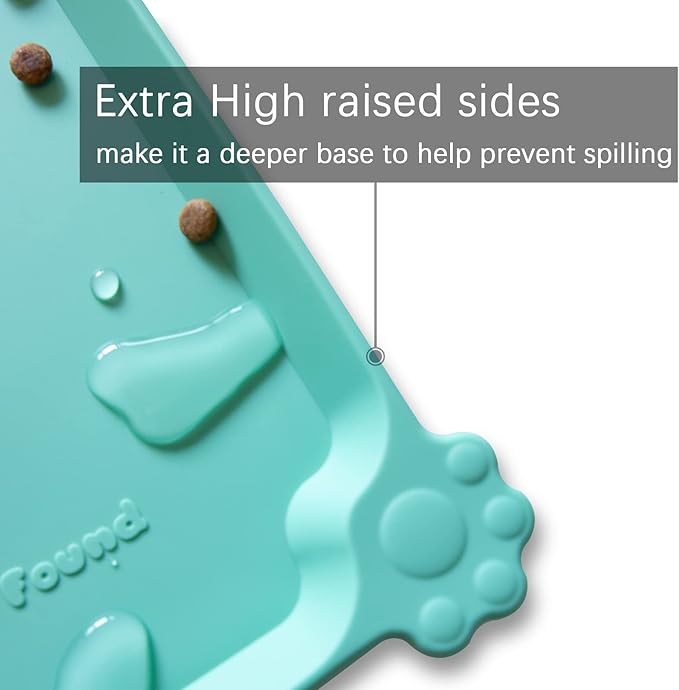 Hoki Found X-Large Silicone Non Slip Pet Food Mats - Silicone Pet Proof Bowls - Waterproof & Easy to Clean - For Dogs & Cats - Cool Mint-Mewly Pet