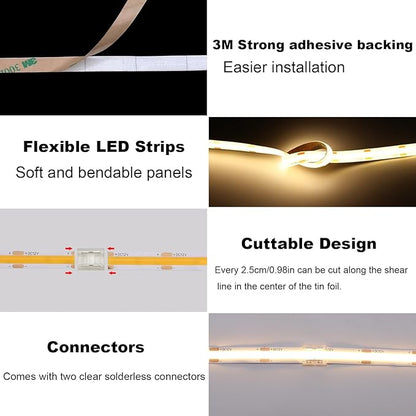 TOPAI 12V COB LED Strip Light 3000K Warm White Waterproof IP65 480LEDs/M Super Bright 4000Lm CRI>90 16.4ft/5M Dotless High Density Cuttable Flexible for Cabinet Home DIY Lighting Projects