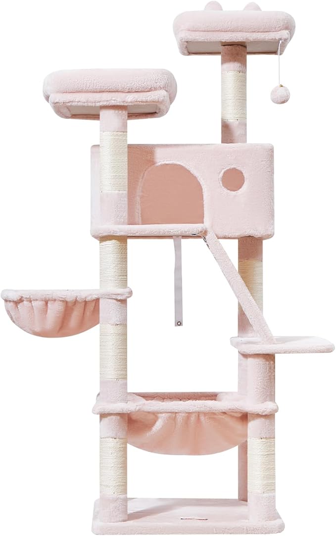 Taoqimiao Cat Tree 57.5-Inch, Cat Tower for Indoor Cats Large Adult, Extra Large Cat Condo, 8 Sisal Scratching Posts, Metal Frame Cozy Hammock, Durable Scratch Board, 2 Top Perches, Jelly Pink MS026P-Mewly Pet