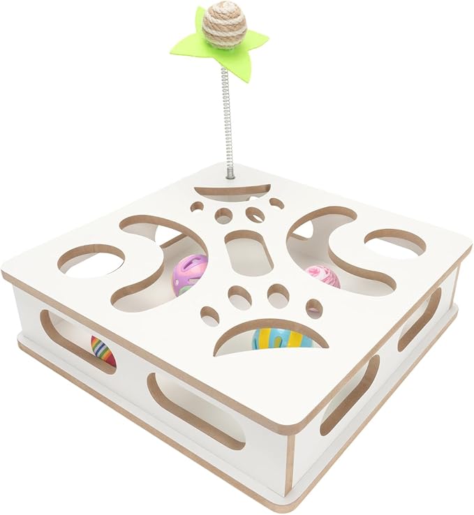 Interactive Wooden Cat Puzzle Toy Box Indoor Hunting Play Toy to Stimulate Your Cat’s Energy and Instincts (White)-Mewly Pet