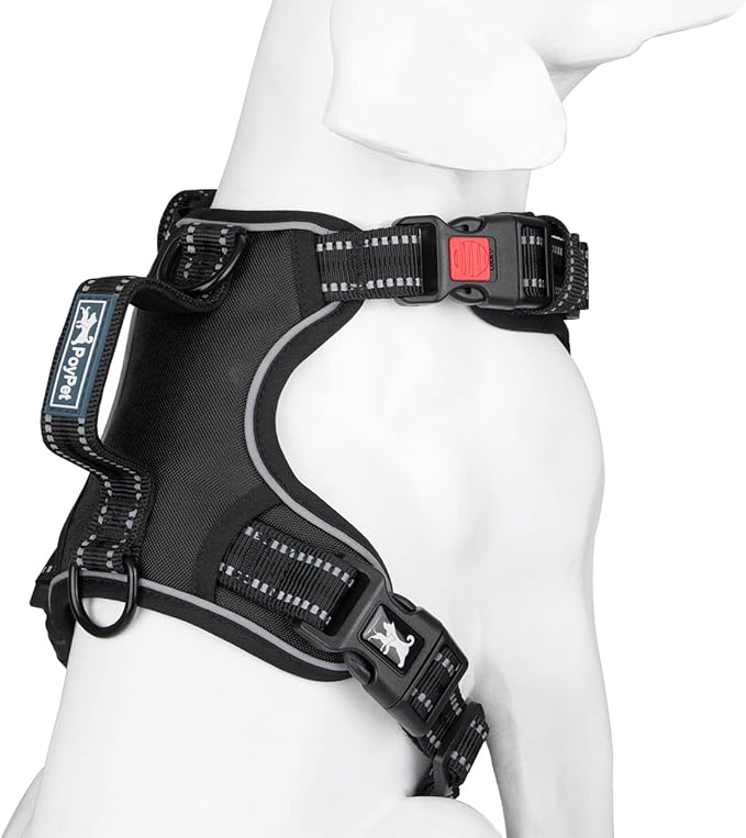 PoyPet No Pull Dog Harness, No Choke Front Clip Reflective Dog Vest with Soft Padded Vertical Handle, 3 Leash Attachments for Small Medium Large Dogs (Black,L)-Mewly Pet