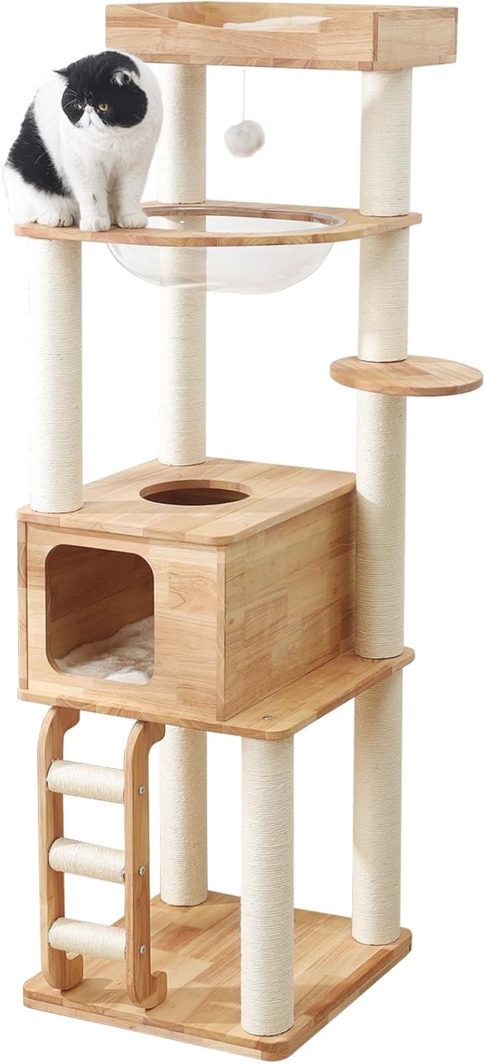 65-inch Tall Cat Tree，Cat Tower for Indoor Cats with Feel-Safe Enclosed Cat Cave、Scratching Post、Space Capsule Nest and Cat Ladder-Mewly Pet