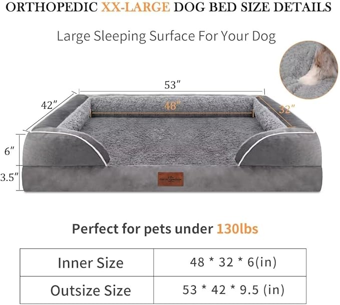 Comfort Expression Orthopedic Memory Foam Dog Beds for Giant Dogs, XXL Dogs Beds Washable, Waterproof Dog Beds with Bolster & Removable Cover(XX-Large,Silver Grey)-Mewly Pet