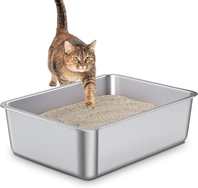 Stainless Steel Cat Litter Box,Metal Litter Box,Cat Litterbox for Kitten, Kitty, Rabbit, 6" High Side Cats Litter boxs,Large Stainless Steel LitterBox, No Smell,Non Stick,Easy to Clean-Mewly Pet