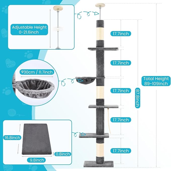 Cat Tree 5-Tier Floor to Ceiling, 89-109 Inch Adjustable Height Cat Tower with Cozy Hammock, Cat Climbing Tree for Indoor Cats, Darkgrey-Mewly Pet