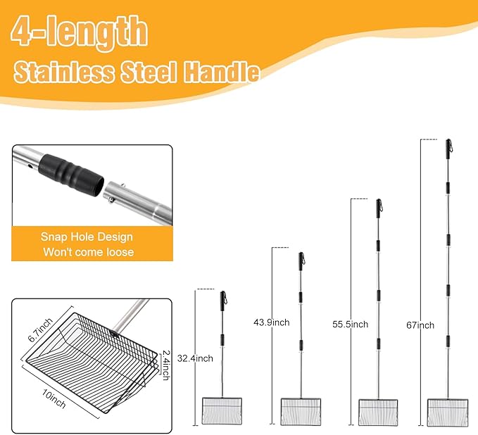 Chicken Poop Scooper 67 inch Adjustable Coop Scooper with 10 inch Metal Sieve for Fast Cleaning, Multi-Purpose Litter Tool for Chicken Coops, Barns & Pet Waste-Mewly Pet