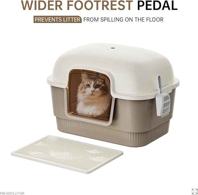 Cat Litter Box with Litter Mat and Scoop,High Wall Enclosed Cat Litter Boxes for Anti-Leakage, Covered Kitty Litter Box with Handle and Buckles for Portability and Privacy, Odor Control (Brown)-Mewly Pet