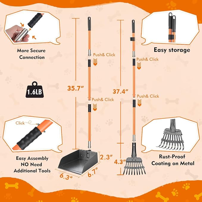 28" Pooper Scooper and 38" Heavy Duty Stainless Steel Rake & Tray Set, 3 in 1 Portable Dog Pooper Scooper Set for Large Medium Small Dogs in Grass, Dirt or Gravel-Mewly Pet