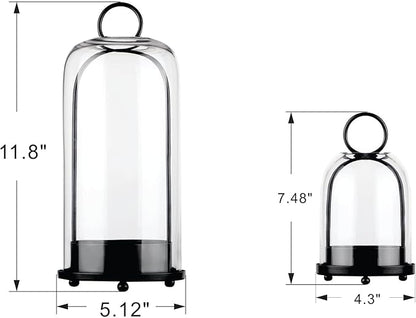 5" & 4" Wide Versatile Metal Candle Holder in Black with Handmade Thick, Heavy & Sturdy Glass Dome for Pillar Candle, Industrial, Modern, Shelf, Mantel, Veranda, Porch (2, Black, Large & Small)