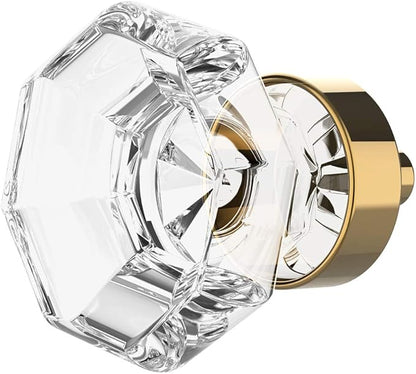 Alzassbg 6 Pack Clear Crystal with Polished Brass Cabinet Knobs, 1-3/8 Inch(35mm) Cabinet Hardware Octagon Glass Crystal Knobs for Drawers AL1021BG