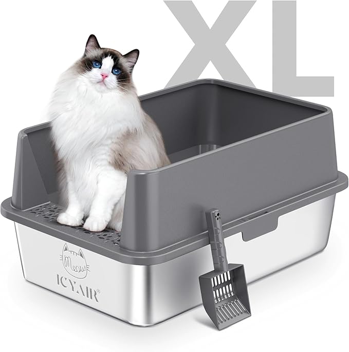 Stainless Steel Cat Litter Box with High Sides Lid, Extra Large XL Litter Box for Big Cats,Enclosed Metal Kitty Litter Pan with Anti-Leakage Enclosure, Non-Stick, Odorless,Scoop Included (Dark Grey)…-Mewly Pet